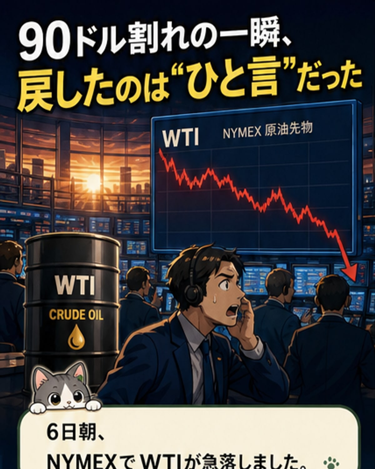 NY原油、一時90ドル割れ