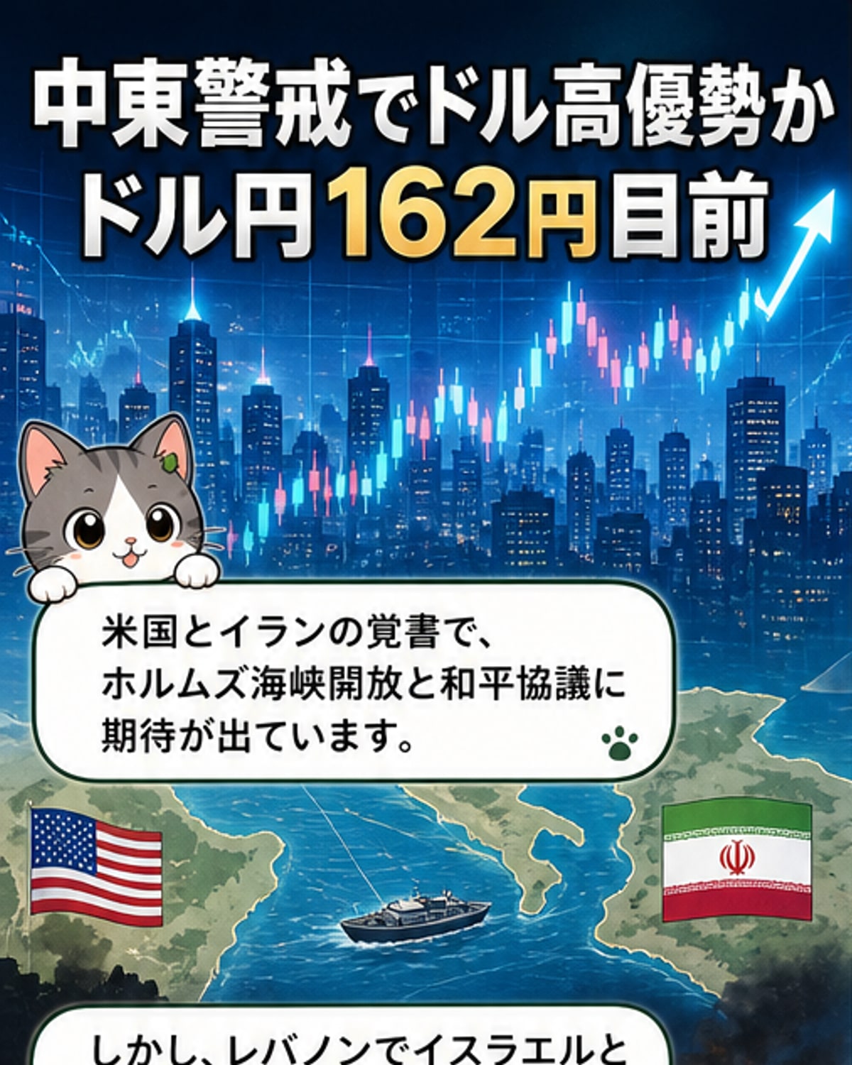 中東情勢の緊迫を背景に為替市場でドル高が進む様子を示すグラフとニュース映像の合成イメージ