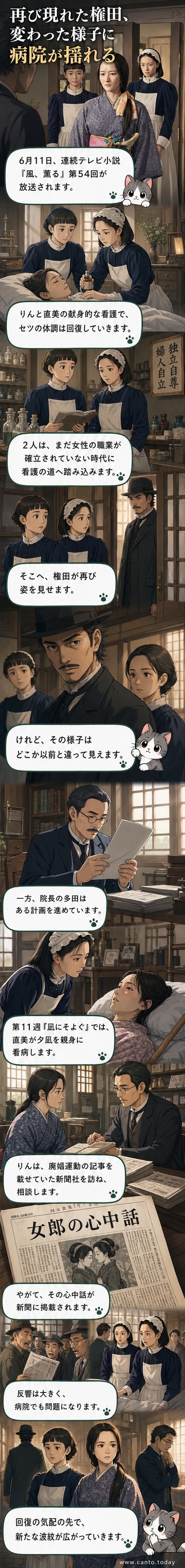 「風、薫る」第54回の場面写真。左に見上愛、右に上坂樹里が制服姿で立っている。背景は明治風の病院の廊下。