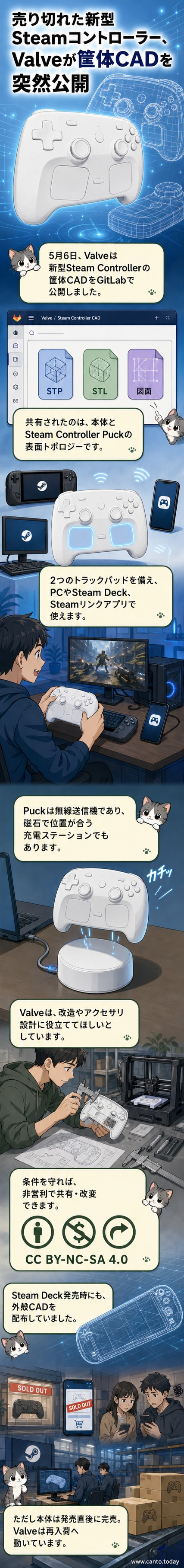Valveの新型SteamコントローラーとPuckのCADモデルが並ぶ画面ショット。GitLab上で公開された設計データが示されている。