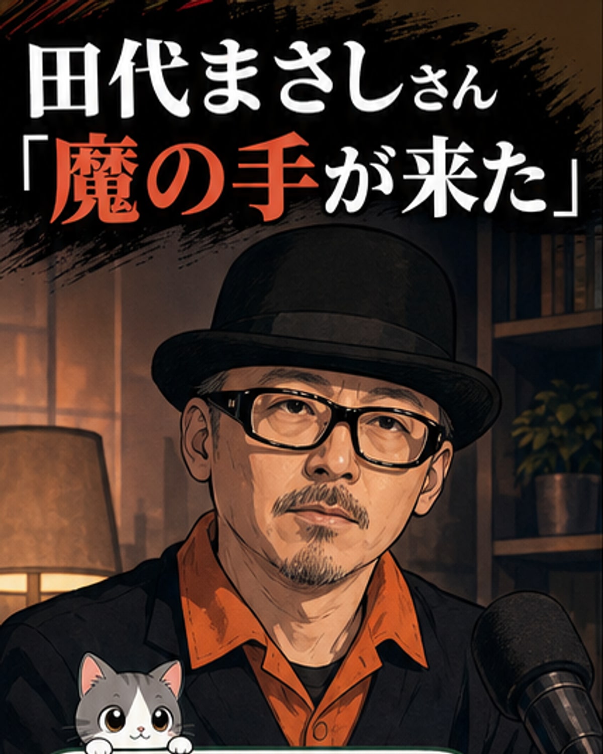 白髪交じりの男性がマイクに向かって真剣な表情で話している。背景には薄暗いスタジオの様子が見える。