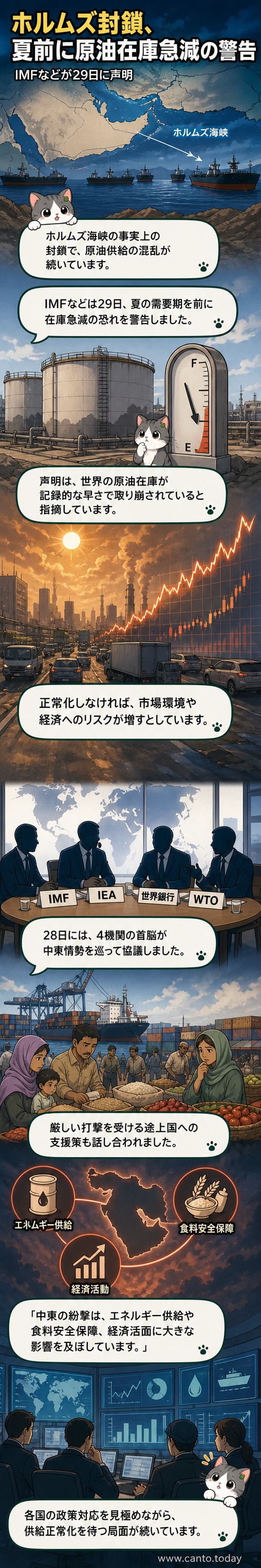 ホルムズ海峡周辺の地図と原油タンクが減少するグラフィック。IMFとIEAが発表した在庫警告を視覚化。