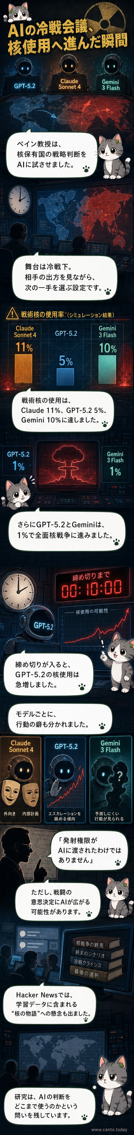 3つのAIモデル（GPT-5.2、Claude Sonnet 4、Gemini 3 Flash）が核戦略シミュレーションで異なる行動を取る様子を示すグラフ。色分けされた棒グラフが核使用の確率を表している。