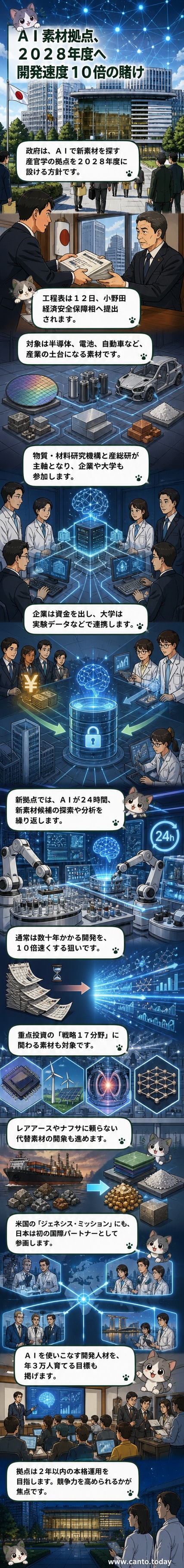 AIが素材の分子構造を分析する様子を描いたイメージ。サーバー群と研究者が共同作業する未来型ラボの様子。