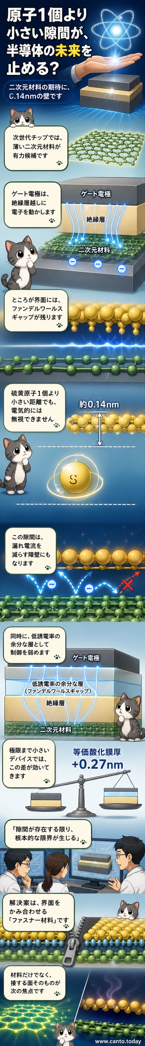 半導体デバイスの断面図。二次元材料と絶縁層の間にわずかな隙間（ファンデルワールスギャップ）がある様子を示し、そのサイズが原子1個分程度の0.14ナノメートルであることを強調。
