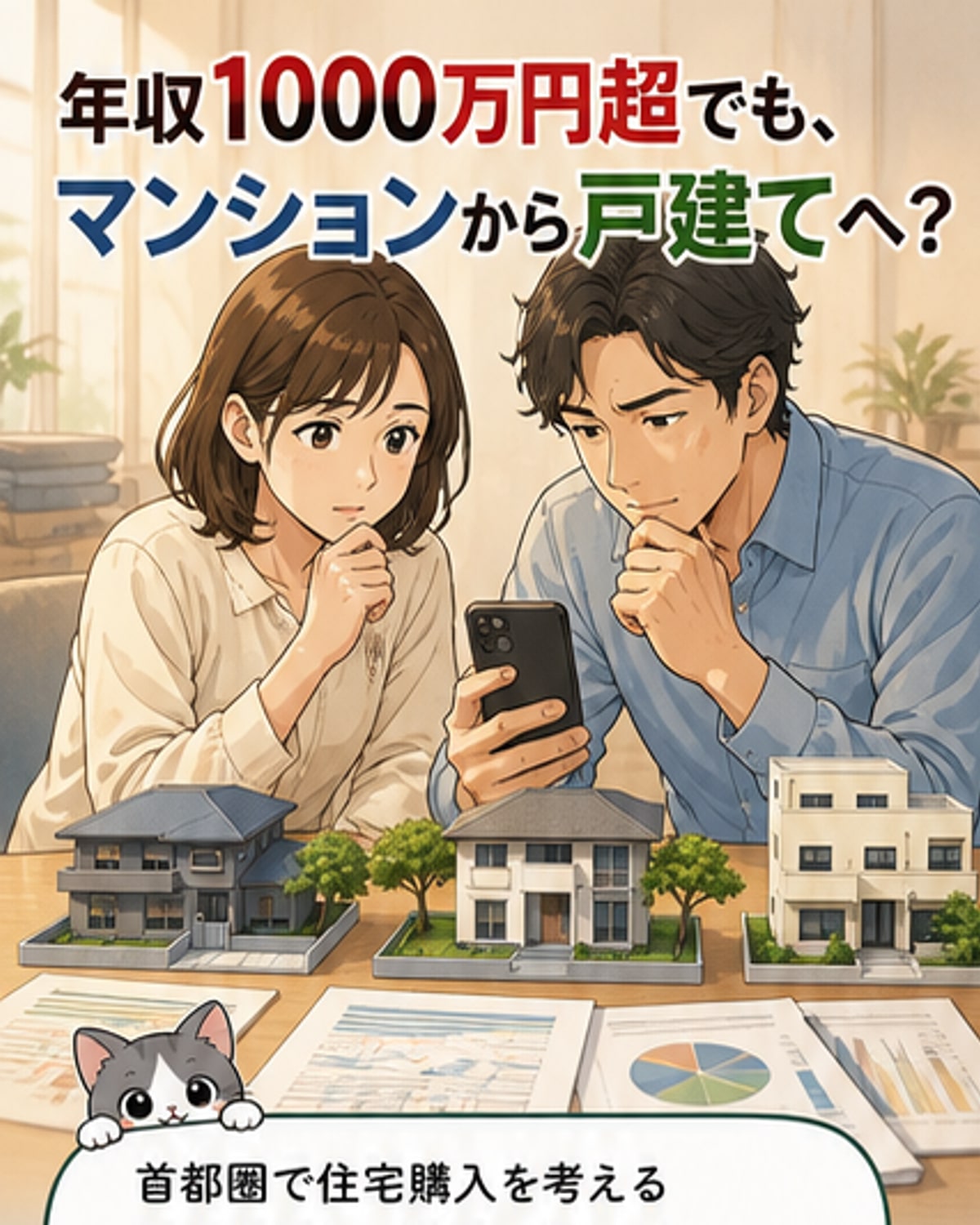 東京の高層マンションと郊外の戸建て住宅が対比されたイメージ。購入者の選択の変化を象徴しています。