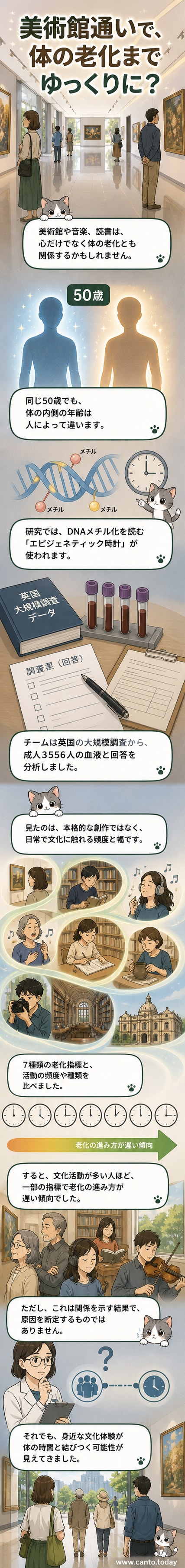 人物が美術館で絵画を鑑賞している様子。背景には現代アートの作品が並び、光が差し込んでいる。下部に「老化防止に効果?」というテキスト。