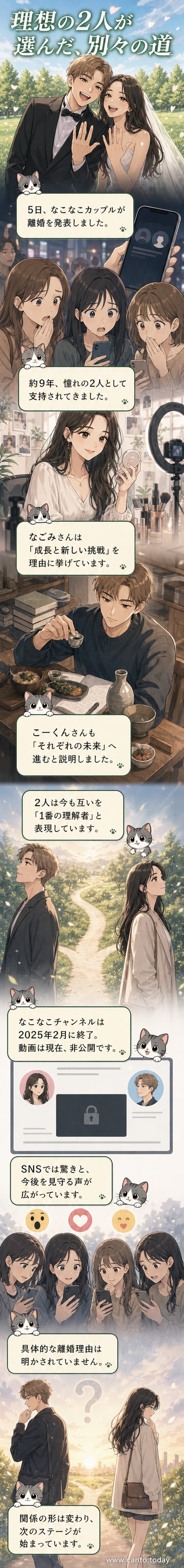 ピンクとブルーの柔らかいトーンの背景に、なごみとこーくんのイラストが向かい合っている。手紙を交わすようにして別れを告げており、周囲には9年間の思い出を示す小さなコマが配置されている。