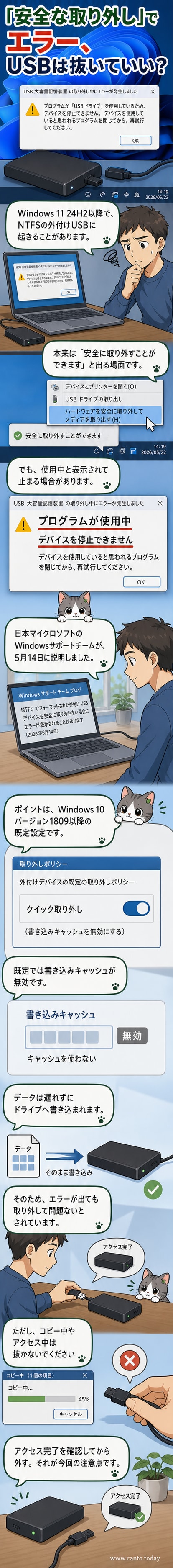 Windowsの通知エリアに表示される「デバイスを停止できません」というエラーメッセージのスクリーンショット。背景にはUSBドライブのアイコンが見える。