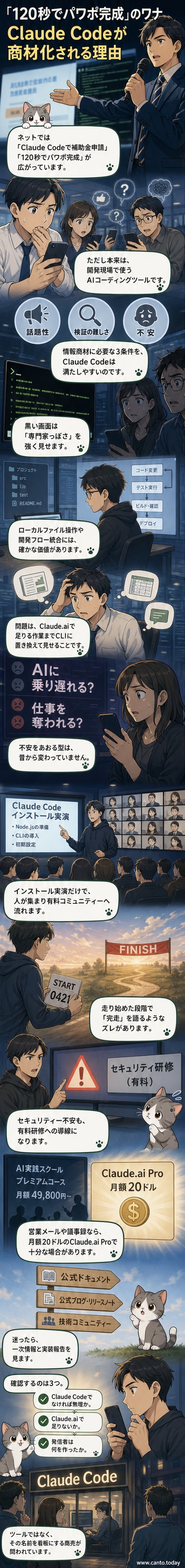 黒いターミナル画面にコマンドが流れる様子と、その横で「120秒でパワポ完成」という宣伝文句が並ぶ対比を描いたパネル