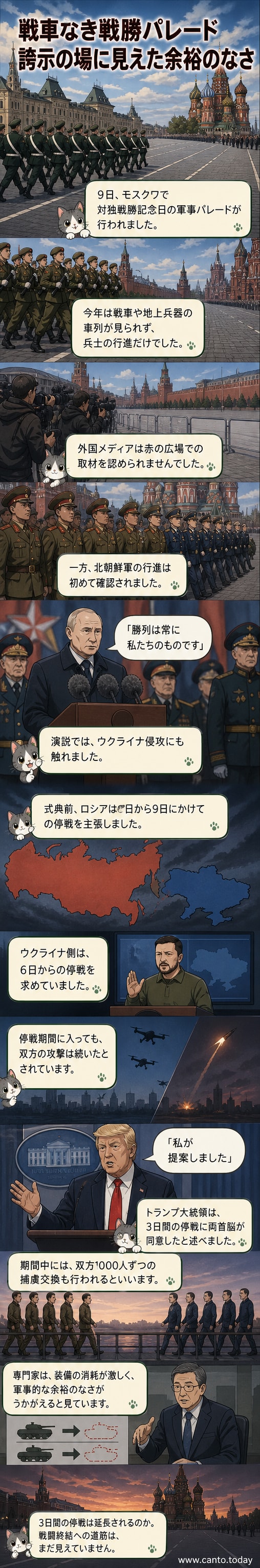 モスクワの赤の広場で兵士たちが行進する様子。戦車はおらず、北朝鮮軍の隊列が初めて確認できる。
