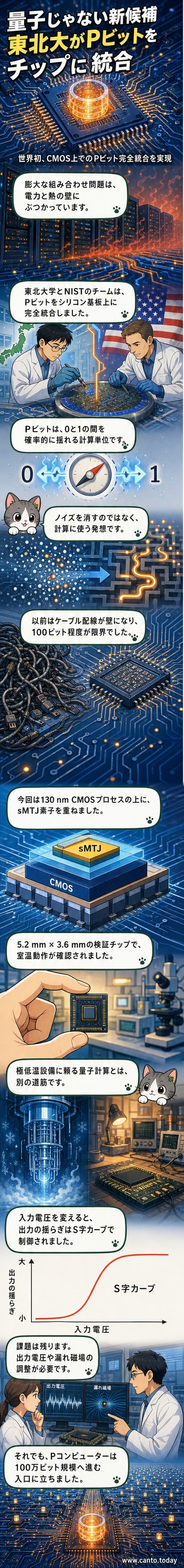 電子顕微鏡像と模式図で示された、シリコン基板上に集積された確率ビット(Pビット)の構造。ナノスケールの磁気スピン素子がCMOS回路と一体化されている。