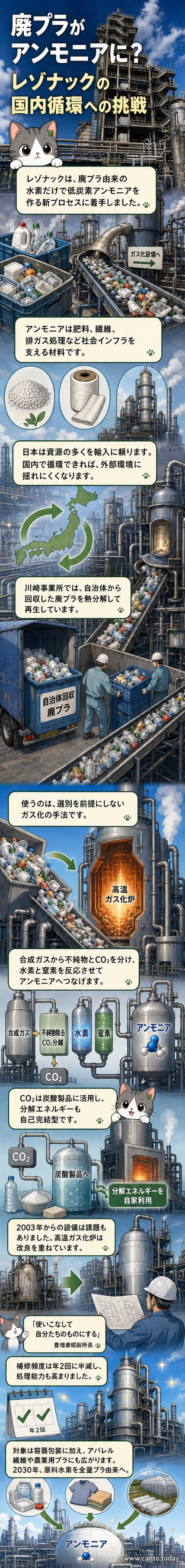 工場内で廃プラスチックを処理し、水素とアンモニアを製造するプロセスを示すイラスト。高温ガス化炉とガス精製装置が描かれている。