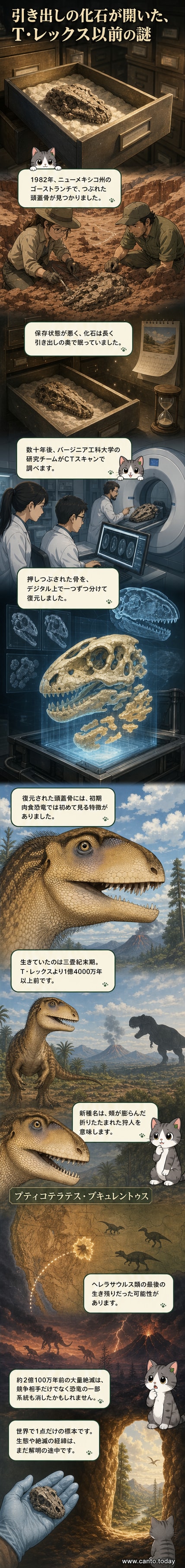 押しつぶされた化石から復元された新種肉食恐竜プティコテラテス・ブキュレントゥスの頭蓋骨とその復元図