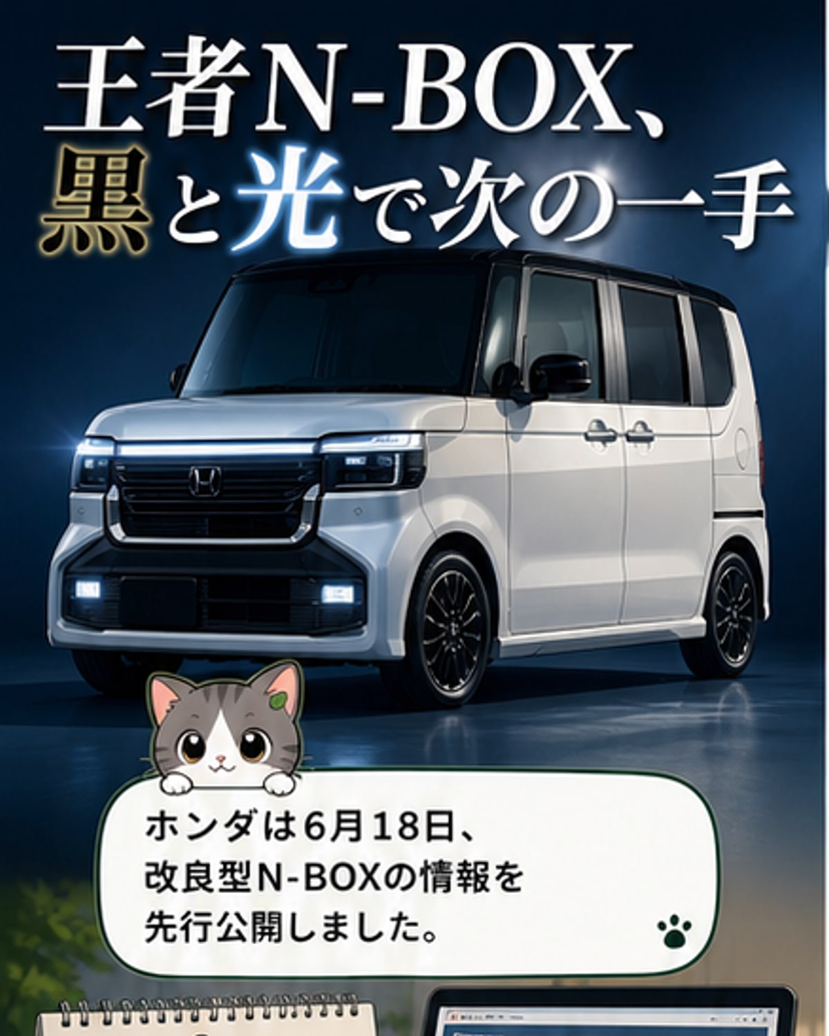 ホンダの軽自動車N-BOXのマイナーチェンジモデル。フロントグリルやバンパーが変更され、特別仕様車「ブラックスタイル」が追加された。