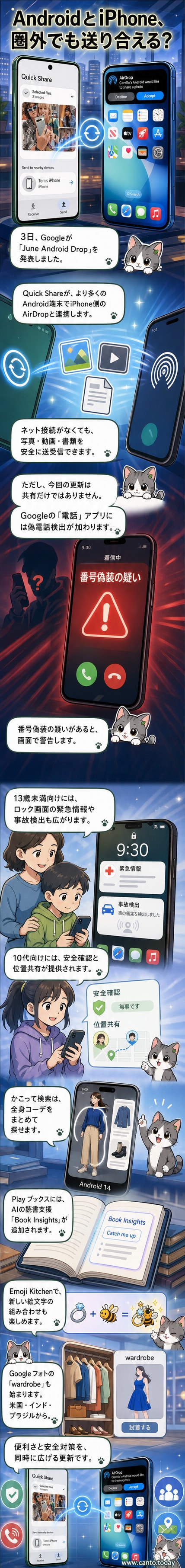 AndroidとiPhoneがファイルを共有する様子を描いたイラスト。両者のロゴが握手しており、画面には写真や動画のアイコンが飛び交っている。