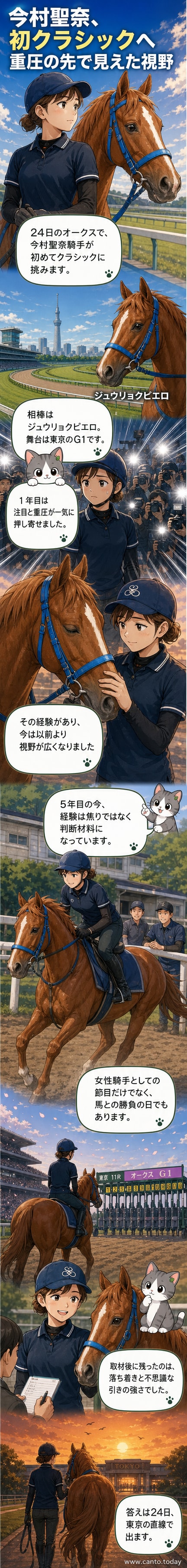 レース前、真剣な表情で馬を見つめる今村聖奈騎手。背景には東京競馬場の芝コースが広がる。