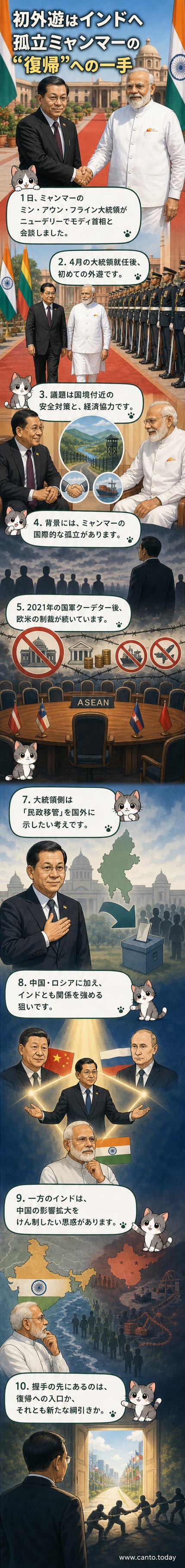 ミャンマーのミン・アウン・フライン大統領がインドのモディ首相と握手する様子。国境安全や経済協力を協議した。