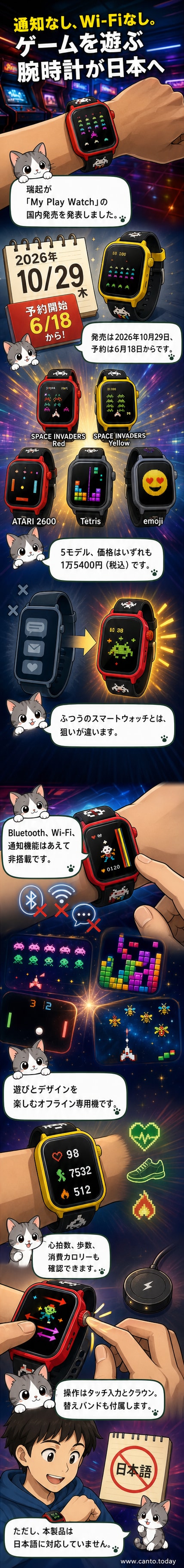 「My Play Watch」シリーズの5モデルが並ぶ様子。赤と黄色の「スペースインベーダー」、ATARI 2600風デザイン、テトリスのブロック模様、絵文字デザインのモデルが確認できる。