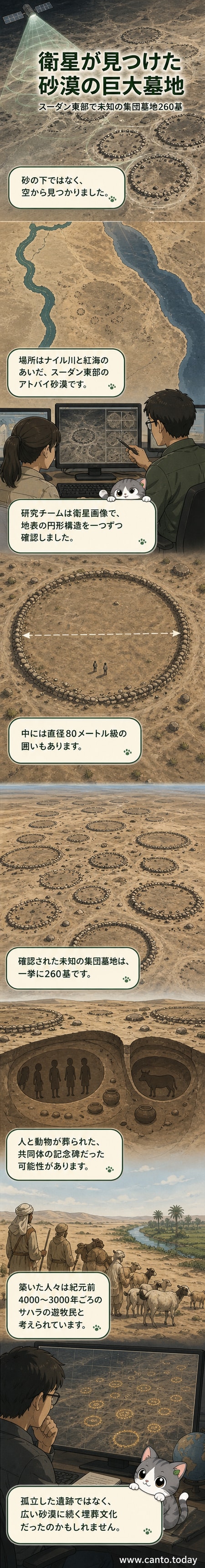 サハラ砂漠の衛星画像に映し出された、多数の円形構造を持つ古代の集団墓地。直径80メートル級のものも含まれる。