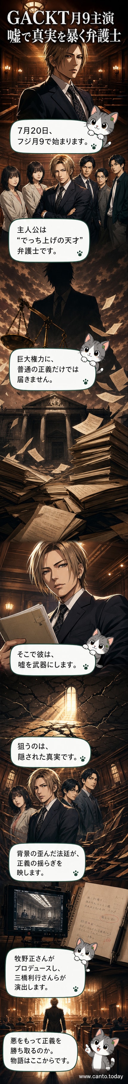 GACKTを含む5人のキャストが並び、背景に歪んだ法廷が描かれた新月9ドラマのポスター