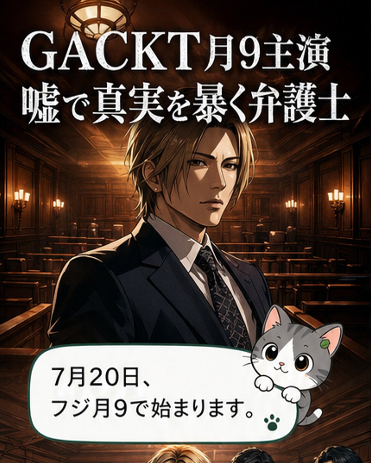 GACKTを含む5人のキャストが並び、背景に歪んだ法廷が描かれた新月9ドラマのポスター