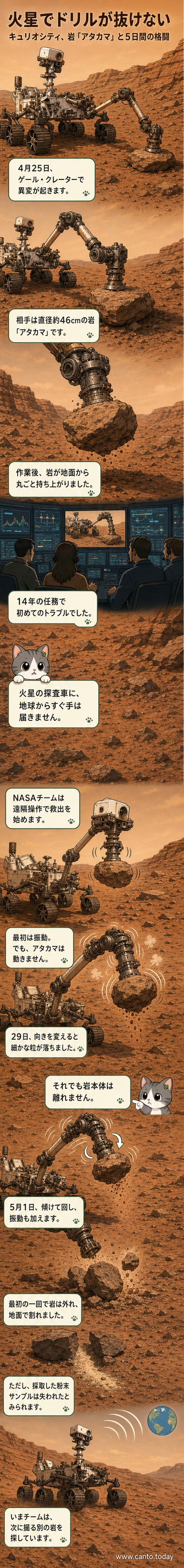 火星の赤茶けた地表で、ロボットアームに岩が引っかかった状態のキュリオシティ探査機。背景には広がるゲール・クレーターの荒涼とした風景。