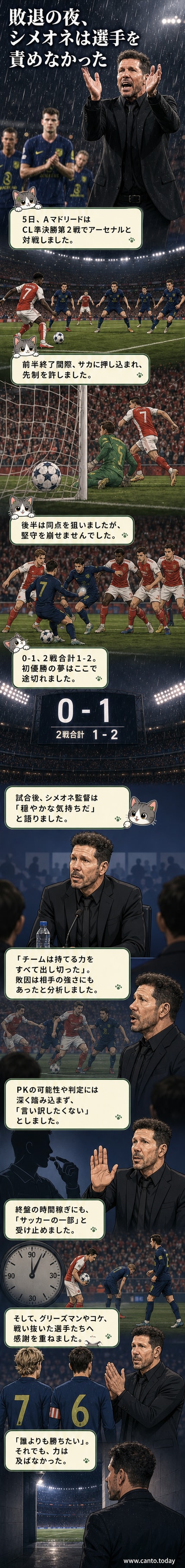 アウェーのアーセナル戦で指揮を執るアトレチコ・マドリードのシメオネ監督。表情は沈みつつも、選手たちを称えるコメントを残しました。