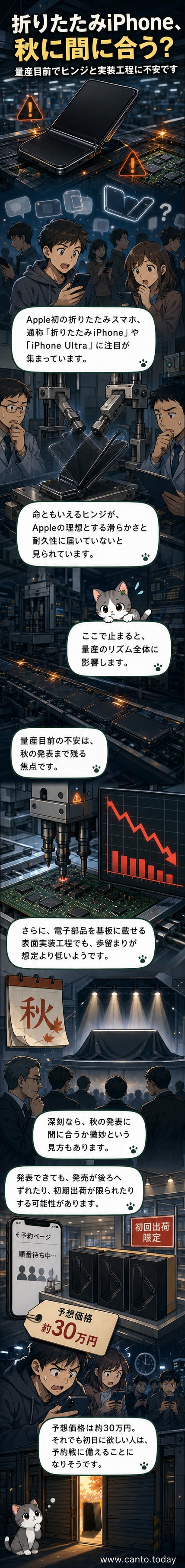 折りたたみiPhoneのコンセプト画像。薄い銀色のデバイスが中央で折りたたまれており、画面は全面ディスプレイ。