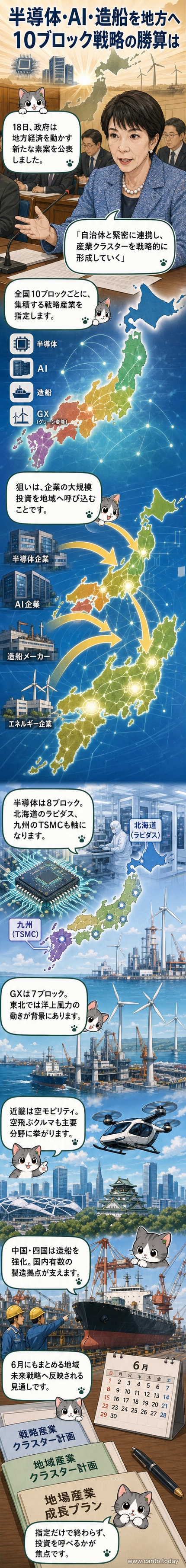 首相官邸で会議に臨む高市早苗首相。背景には産業クラスター計画の資料が映し出されている。
