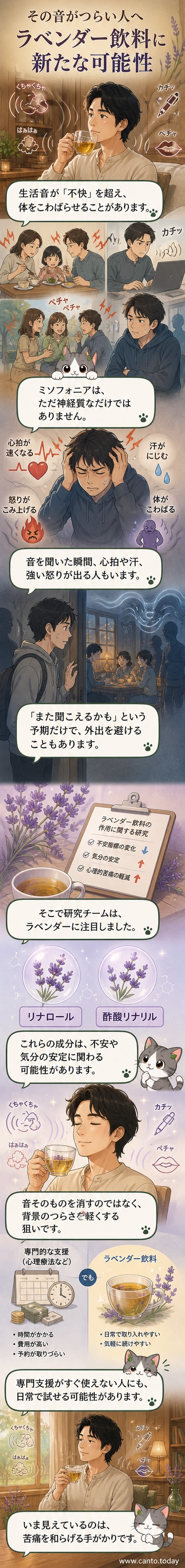 ラベンダーの香りを含む飲み物が、ミソフォニアによる心理的苦痛を和らげる可能性を示す科学イラスト