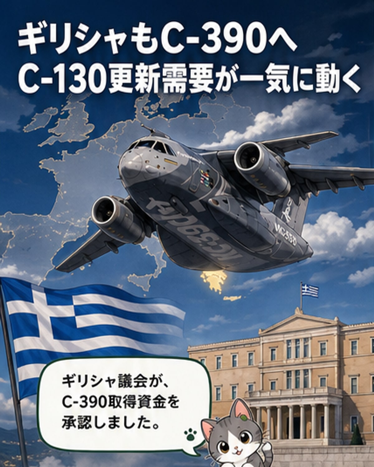 C-390ミレニアム輸送機が滑走路を離陸する様子。機体側面にはエンブラエルのロゴとギリシャ空軍のマークが見える。