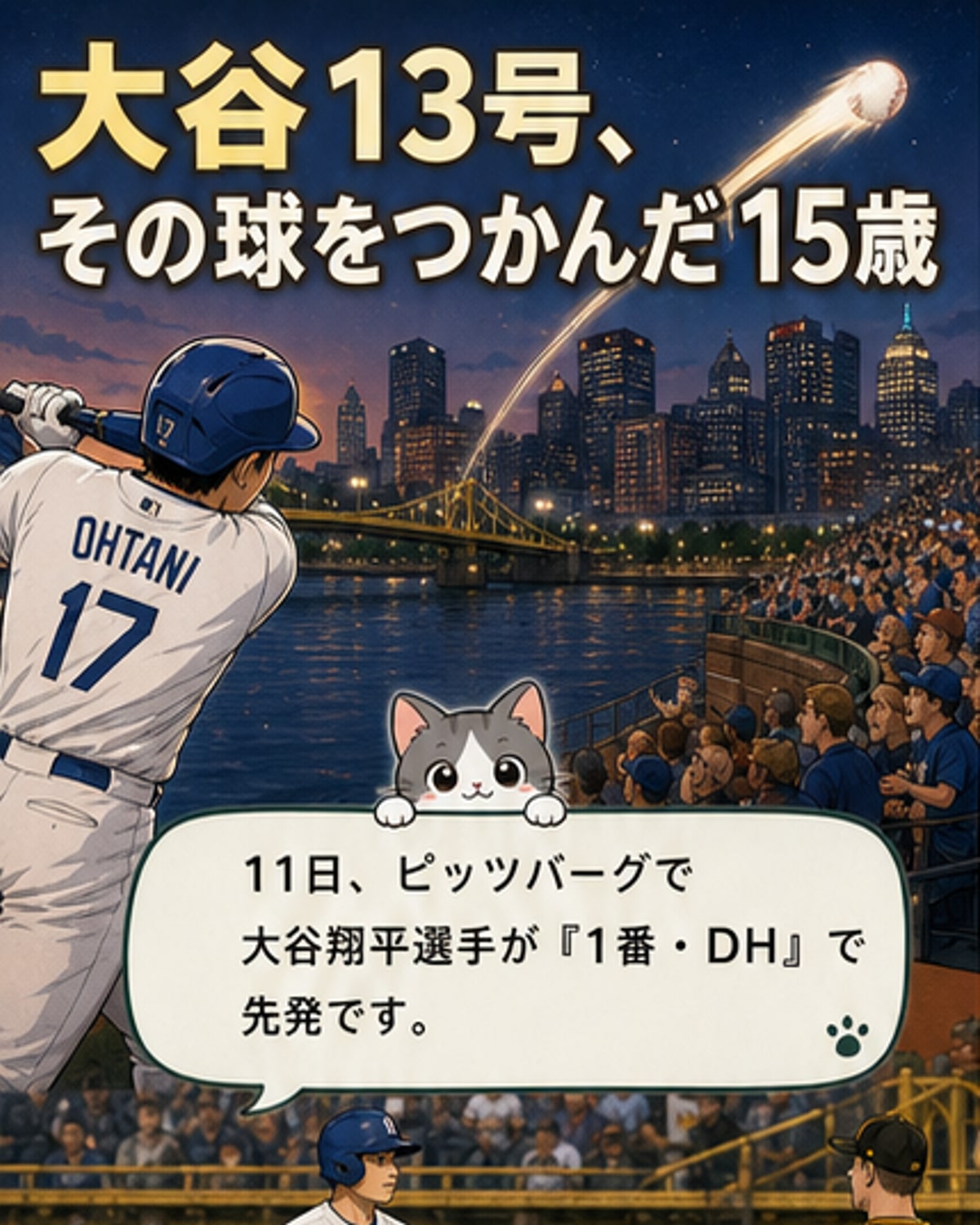 ピッツバーグの球場で、右中間席の最前列に座る15歳の少年が、大谷翔平の本塁打ボールを手に持っている。周囲の観客が祝福している。