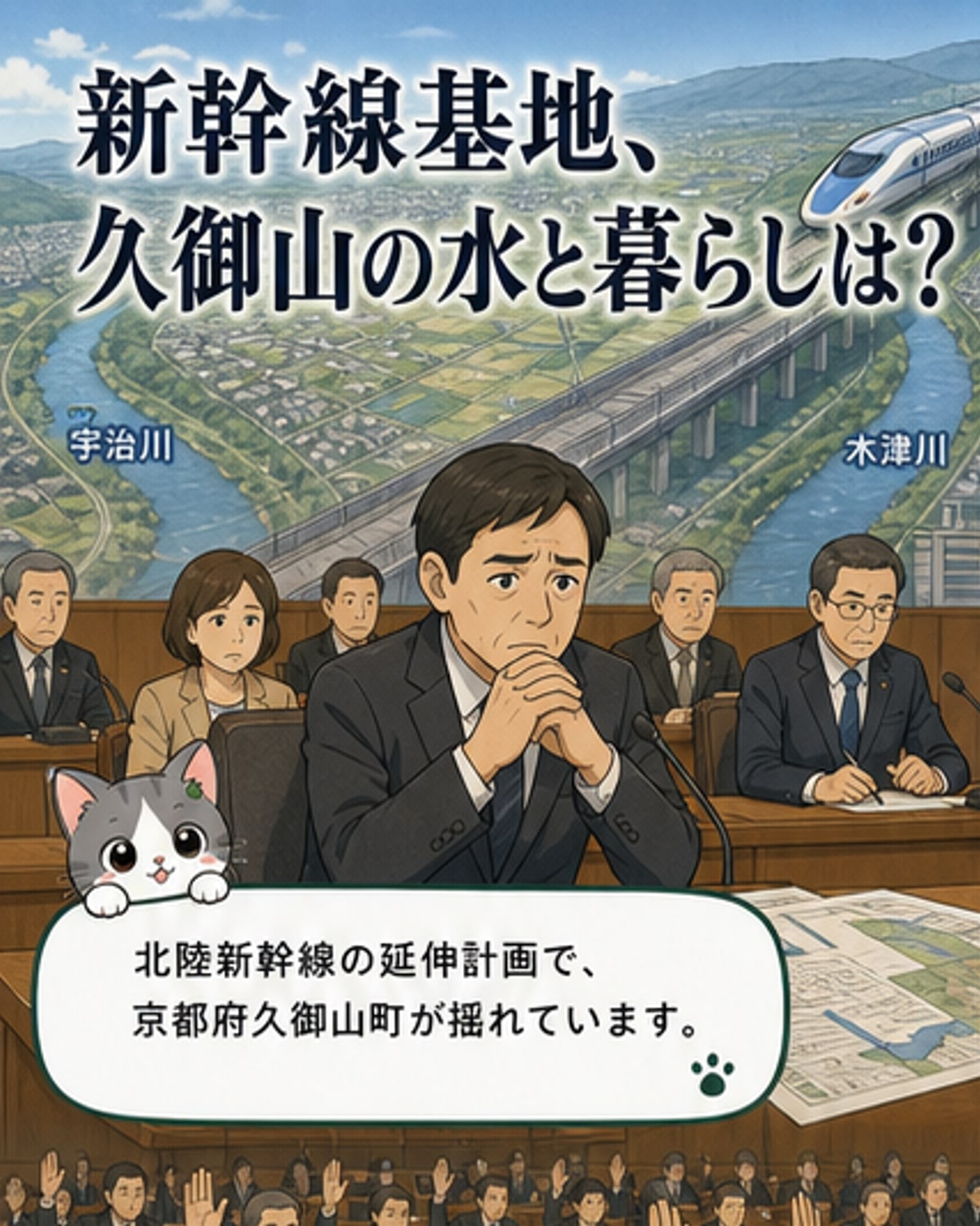 京都府久御山町の地図と、そこに計画されている北陸新幹線の車両基地の位置を示すイラスト。川に挟まれた平地に大きな施設が描かれ、周囲の住宅地との距離感が表現されています。