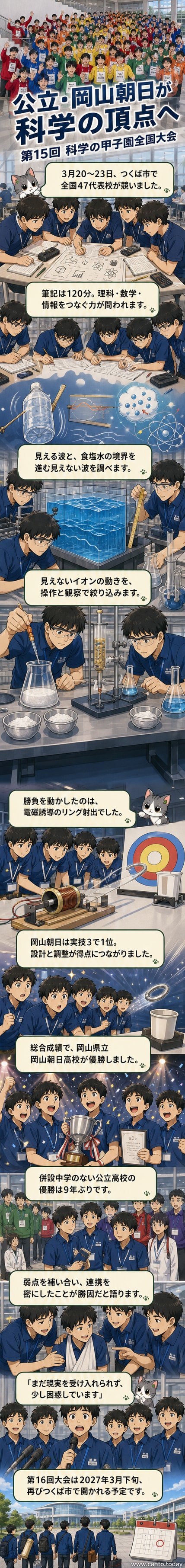 岡山県立岡山朝日高等学校の生徒たちが「科学の甲子園」全国大会で優勝し、表彰式で記念撮影している様子。背景には大会ロゴと科学実験の展示パネルが見える。