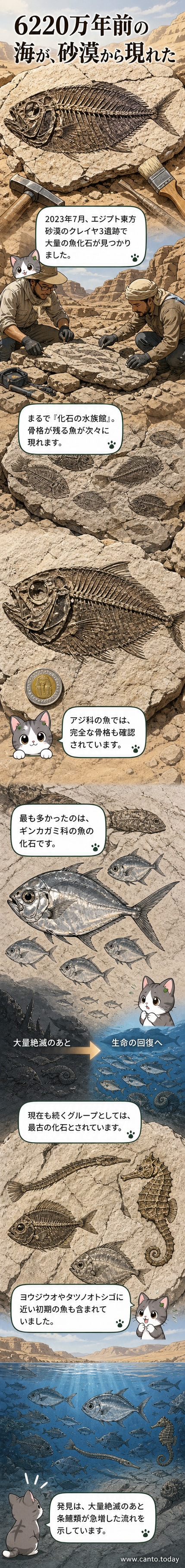 エジプトの砂漠で発掘された6220万年前の魚の化石群。骨格の一部がはっきりと見える。