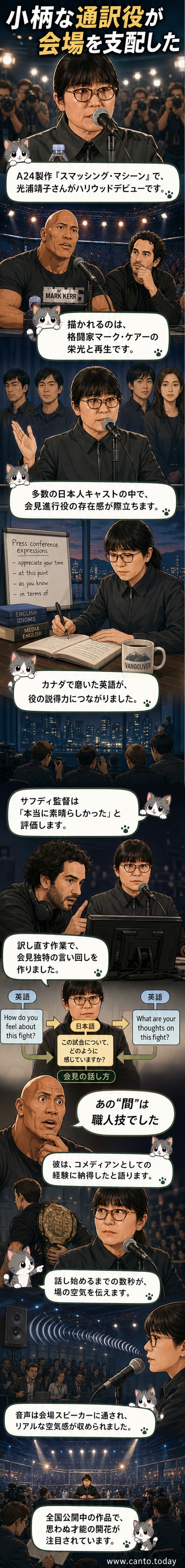 『スマッシング・マシーン』の記者会見シーンで、マイクを握って英語で話す光浦靖子の真剣な表情。