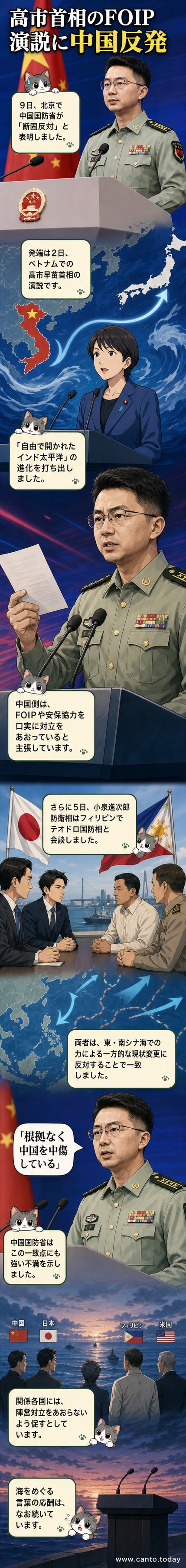 中国国防省の報道官がマイクを握り、高市早苗首相の演説を背景に批判する姿が描かれたイメージ。