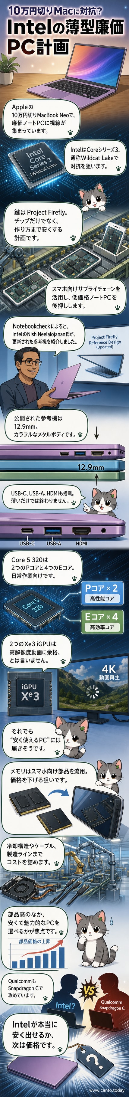 カラフルなメタルボディの薄型ノートPCが複数並ぶ様子。中央にはインテルのロゴと「Project Firefly」と書かれたボード。