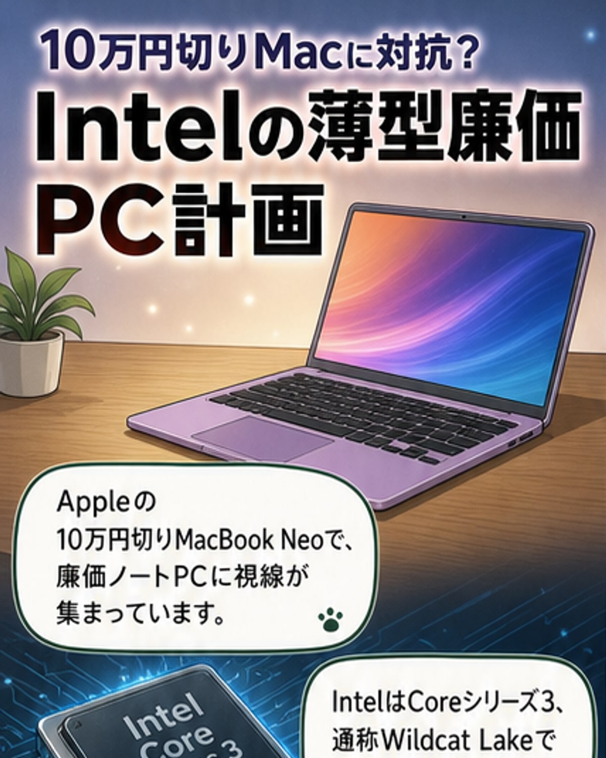 カラフルなメタルボディの薄型ノートPCが複数並ぶ様子。中央にはインテルのロゴと「Project Firefly」と書かれたボード。