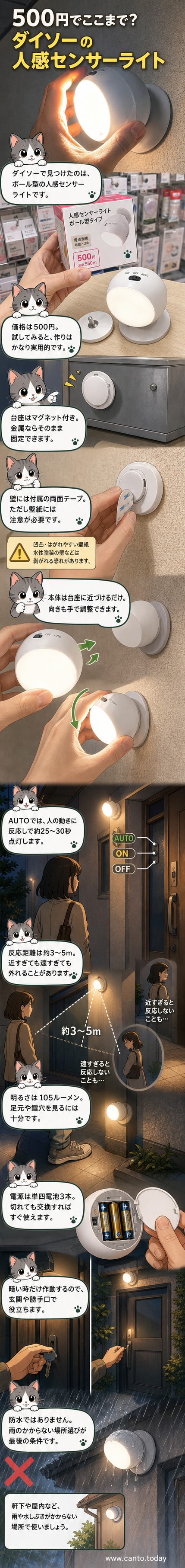 ダイソーのボール型センサーライトが台座に取り付けられ、暗がりの中を照らしている様子。