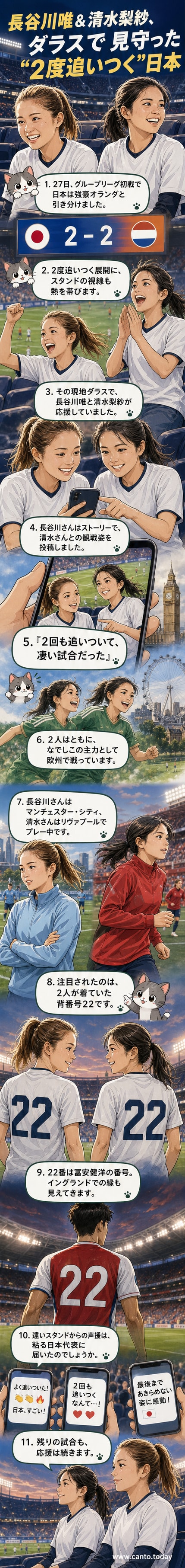 長谷川唯と清水梨紗が日本代表のユニフォームを着て、W杯の観客席で応援している様子