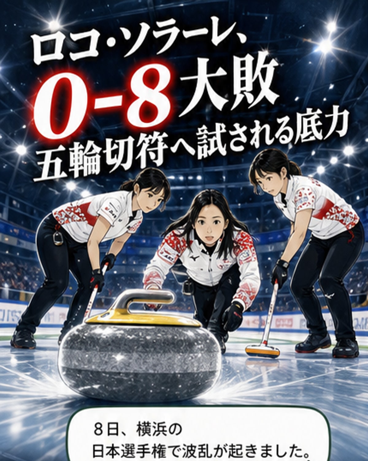 カーリング女子世界選手権でのロコ・ソラーレの試合風景。氷上ですり抜けようとするストーンを追う選手たちの姿。
