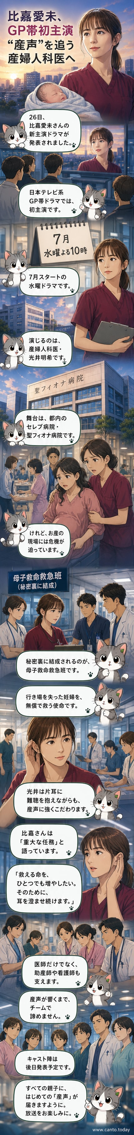 微笑む比嘉愛未が、ノースリーブの白衣姿で立つ。背後には『ファーストクライ 母子救命救急班』のロゴが見える。