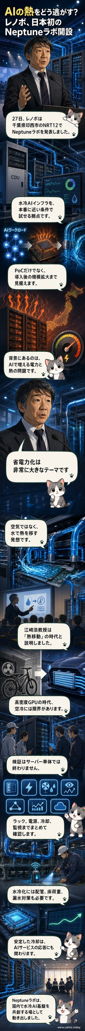 千葉県のデータセンター内に設置されたレノボの水冷AIサーバーラック。冷却パイプが接続され、実環境での検証が行われている。