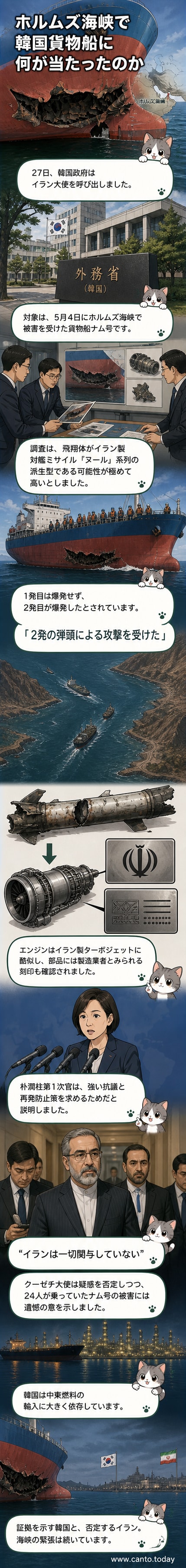 韓国政府がホルムズ海峡での貨物船攻撃事件を受け、イラン大使を外務省に呼び出して抗議する場面を描いたカット
