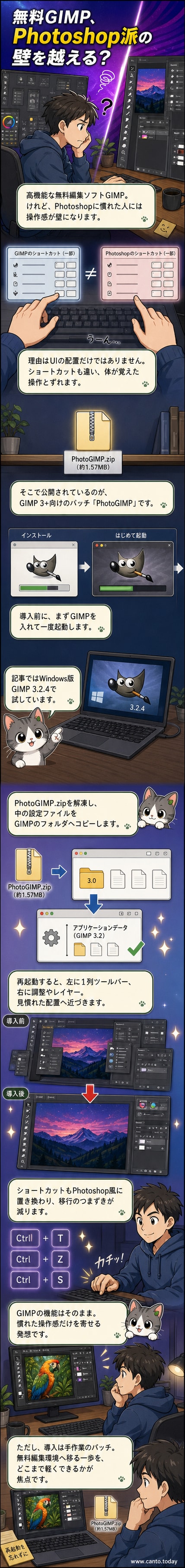 GIMPの画面が左側にツールバー、右側にレイヤーと調整パネルを配置したPhotoshop風のUIに変更されている様子