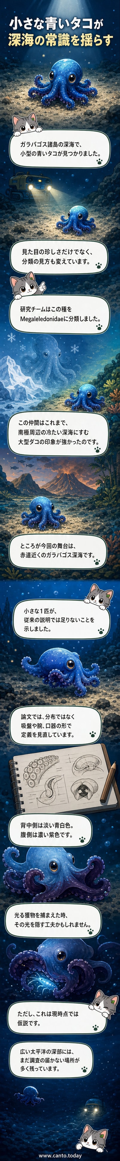 ガラパゴス諸島の深海で発見された、背中が青白く腹が紫色の小型タコのイラスト。周囲には暗闇と微かな発光生物が描かれています。