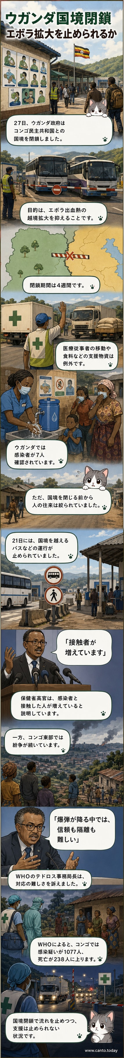 エボラ出血熱の感染防止を呼びかけるポスターが掲示されたウガンダの国境付近。医療関係者が防護服を着用している。