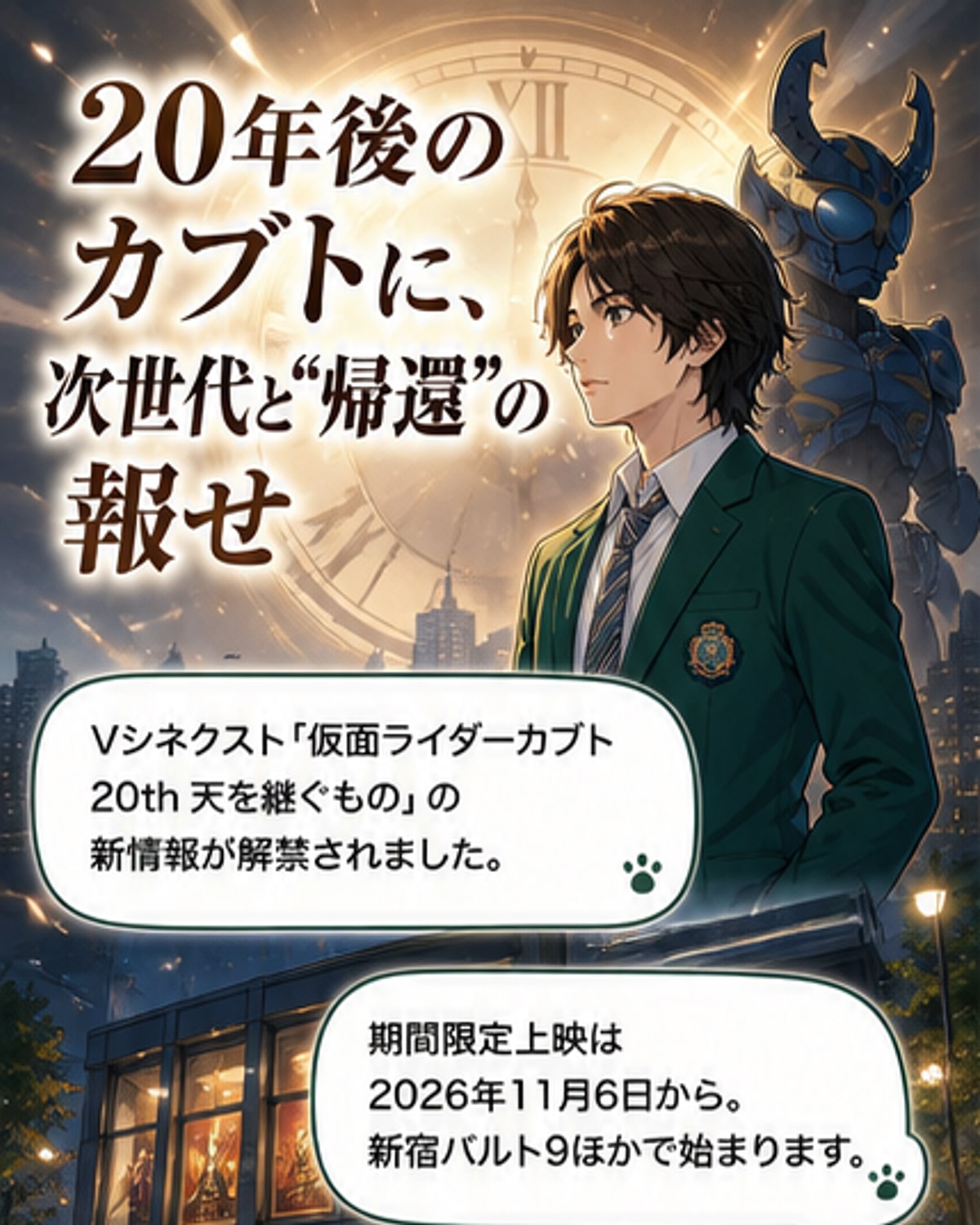 仮面ライダーカブト20周年、新キャスト発表